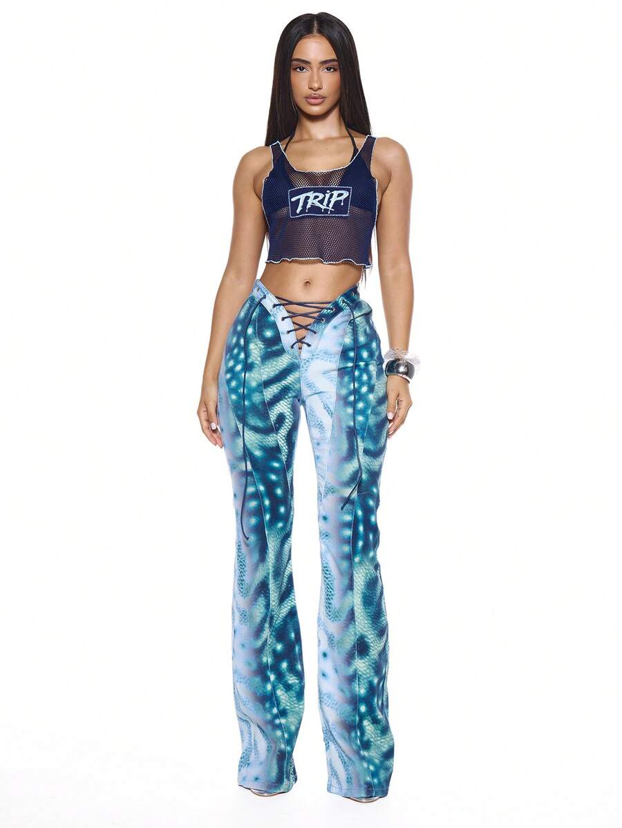 MUSERA Quần jeans ống loe phối họa tiết, buộc dây phía trước, gợi cảm, thích hợp cho mùa hè, mùa xuân, lễ hội, kỳ nghỉ, tiệc tùng, đi chơi. - Màu xanh lam - Xem 1