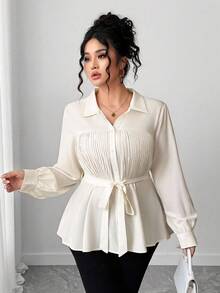 GlowEve CURVE Áo cánh xếp ly thanh lịch cỡ lớn dành cho nữ, bán chạy nhất, đa năng khi đi làm, áo bó eo thon gọn - Màu be - Xem 5