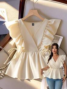 GlowEve CURVE Women's Sweet French Style Cropped Flutter Sleeve V-Neck Frill Trim Tie-Waist Sleeveless Blouse, Spring/Summer - Apricot - View 1