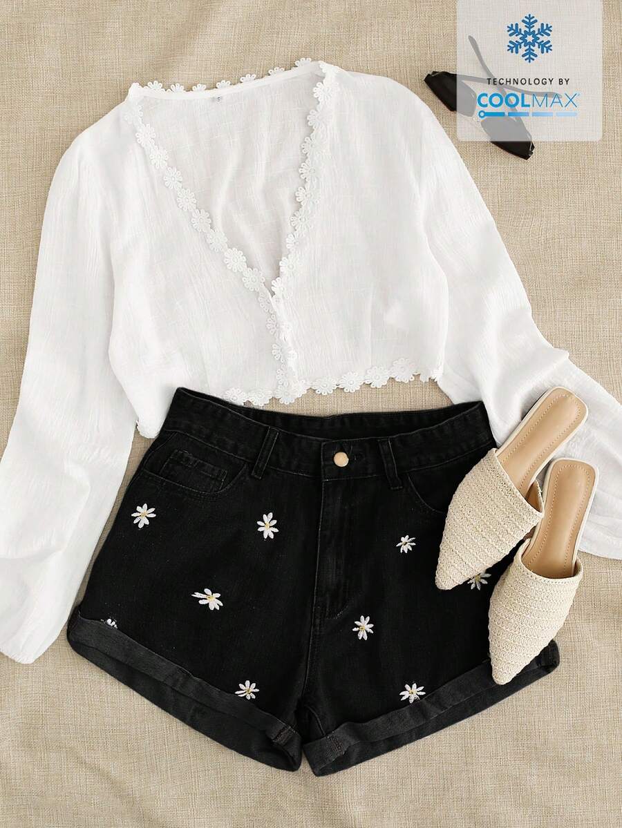 Breezaya Women's Floral Embroidered Pocket Casual Denim Shorts - Black - View 1