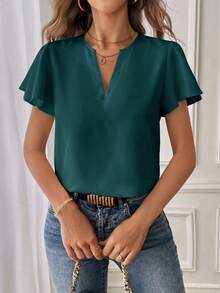 SHEIN Essnce 女士休闲通勤纯色V领荷叶边短袖衬衫 - 水鴨藍 - 查看 6