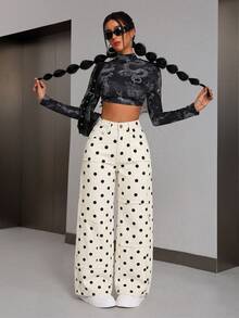 SHEIN PETITE Women's Polka Dot Pocket Button Casual Versatile Daily Wear Wide Leg Jeans - Beige - View 6