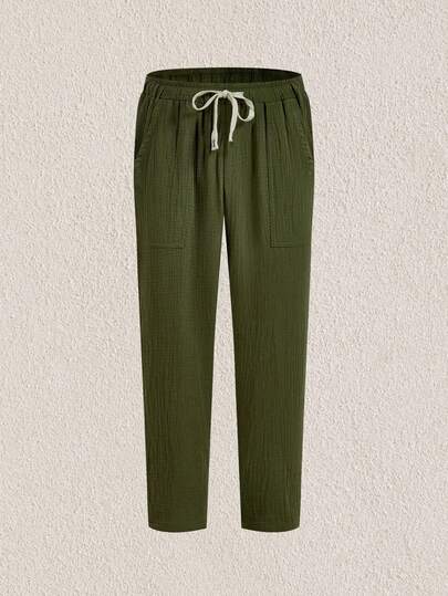 Mercer Haus Quần cargo nam màu trơn đơn giản bằng cotton nguyên chất, quần ống rộng nam có dây rút màu xanh ô liu, quần hè nam, quần vải lanh nam, quần phong cách boho nam, thích hợp cho kỳ nghỉ hè nhiệt đới ở Hawaii.