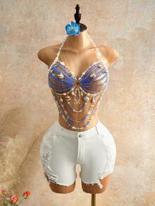 Mistrie Women's Blue Shell Crystal Beaded Halter Top, Seductive Summer Beach Vacations, Y2K Rhinestone Concert Club Wear, Belly Dancer Top - Blue - View 5