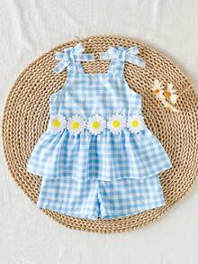SHEIN 2件套女婴幼儿/新生儿0-3岁休闲日常可爱度假条纹蝴蝶结装饰吊带背心+短裤套装，春夏款 - 藍色 - 查看 3