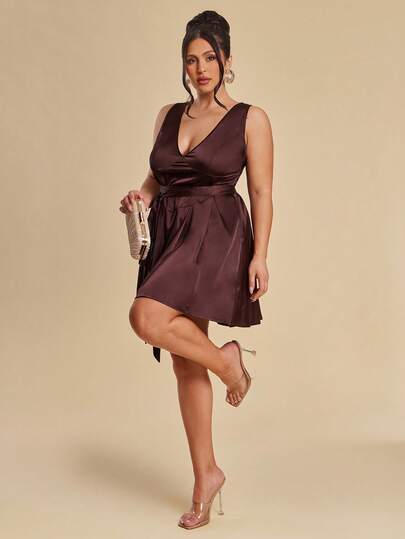 SHEIN BAE Plus Size Women's Red Wood Color Tie-Up V-Neck Short Dress