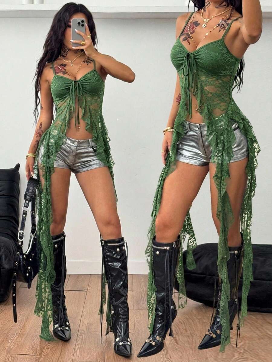 Coolane 女士夏季音乐节复古Y2K豹纹蕾丝弹力撞色黑色背心 - 軍綠色 - 查看 1