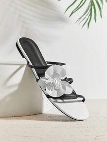 SHUZIA Sandal đế bằng cổ điển thắt nơ đơn giản dành cho nữ, thích hợp mang hàng ngày vào mùa hè. - Đen và trắng - Xem 1