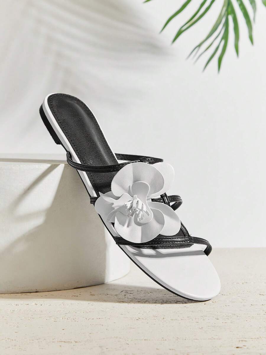 SHUZIA Sandal đế bằng cổ điển thắt nơ đơn giản dành cho nữ, thích hợp mang hàng ngày vào mùa hè. - Đen và trắng - Xem 1