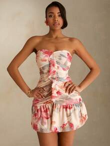 SHEIN Glamour Đầm nữ họa tiết pop, lưới in hoa, kiểu corset gợi cảm. Đầm ngắn thời trang và thanh lịch. - Màu be - Xem 5