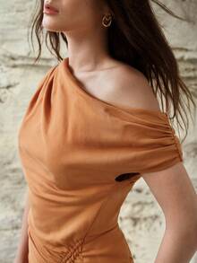 MOTF PREMIUM SPRING/SUMMER LINEN BLEND ASYMMETRICAL SHOULDER RUCHED WAIST SHORT DRESS - Orange - View 5