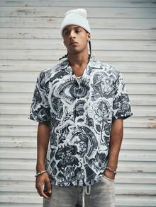 Modcrash Men's Shirt, Streetwear Floral Vintage Minimalist Casual, Relaxed Fit, Beach, Spring Summer, Black, Unisex - Black - View 6