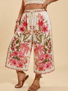 Travachic Plus Size Floral Print Drawstring Waist Wide Leg Capri Pants - Multicolor - View 5