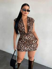 SHEIN SXY Vestido sexy e elegante com estampa de leopardo e costas nuas - Castanho - Ver 2