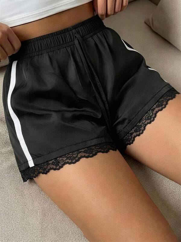 SHEIN SXY Black High-Waist Elasticated Loose Shorts With Lace Trim At The Hem And White Sides Contrasting Stripes.Everyday Wear,Date Night,Street Wear