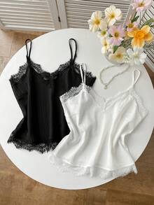 SHEIN EZwear 女士黑白梭织吊带背心两件套，家居服 - 彩色 - 查看 6