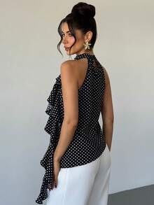 Rafferiza 女士波点印花荷叶边下摆无袖休闲衬衫 - 黑色 - 查看 2