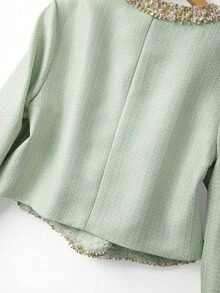 GlowEve CURVE Bộ 2 món dành cho nữ cỡ lớn, thanh lịch, màu đen phối ngọc trai, cổ chữ V tay dài và váy maxi cổ tròn đính ngọc trai, thích hợp cho mùa thu/đông, đi làm, dự tiệc. - Màu xanh Bạc hà - Xem 5