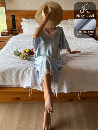 DAZY 女士夏季蕾丝拼接缎面荷叶袖深V领睡裙