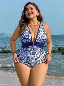 Swim Vcay 大码女式V领印花度假沙滩连体泳衣 - 彩色 - 查看 4