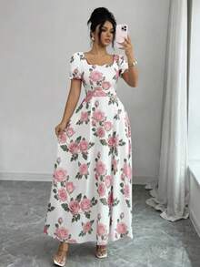 SHEIN Elenzya 女士花卉玫瑰印花方领A字泡泡袖优雅日常/度假/通勤时尚情人节约会法式街头复古百搭派对白色底红色玫瑰印花早春/春夏短袖中长连衣裙 - 粉色 - 查看 8