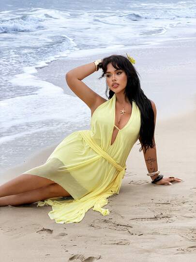 Rustia Plus Size Elegant Summer French Style V-Neck Chiffon Flowy Ruffle Waist Slimming Romantic Asymmetric Hem Dress, Suitable For Dates And Occasions