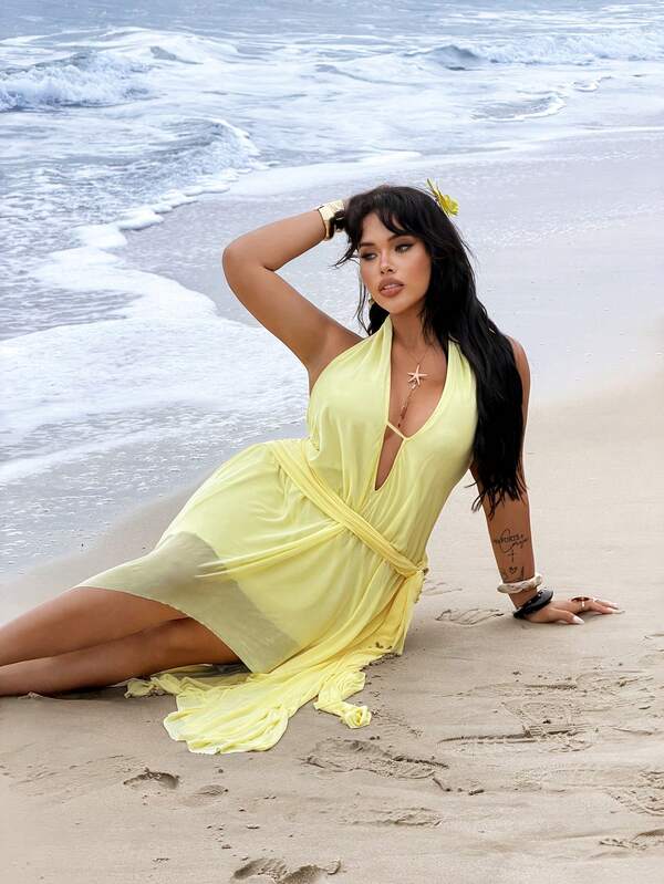 Rustia Plus Size Elegant Summer French Style V-Neck Chiffon Flowy Ruffle Waist Slimming Romantic Asymmetric Hem Dress, Suitable For Dates And Occasions