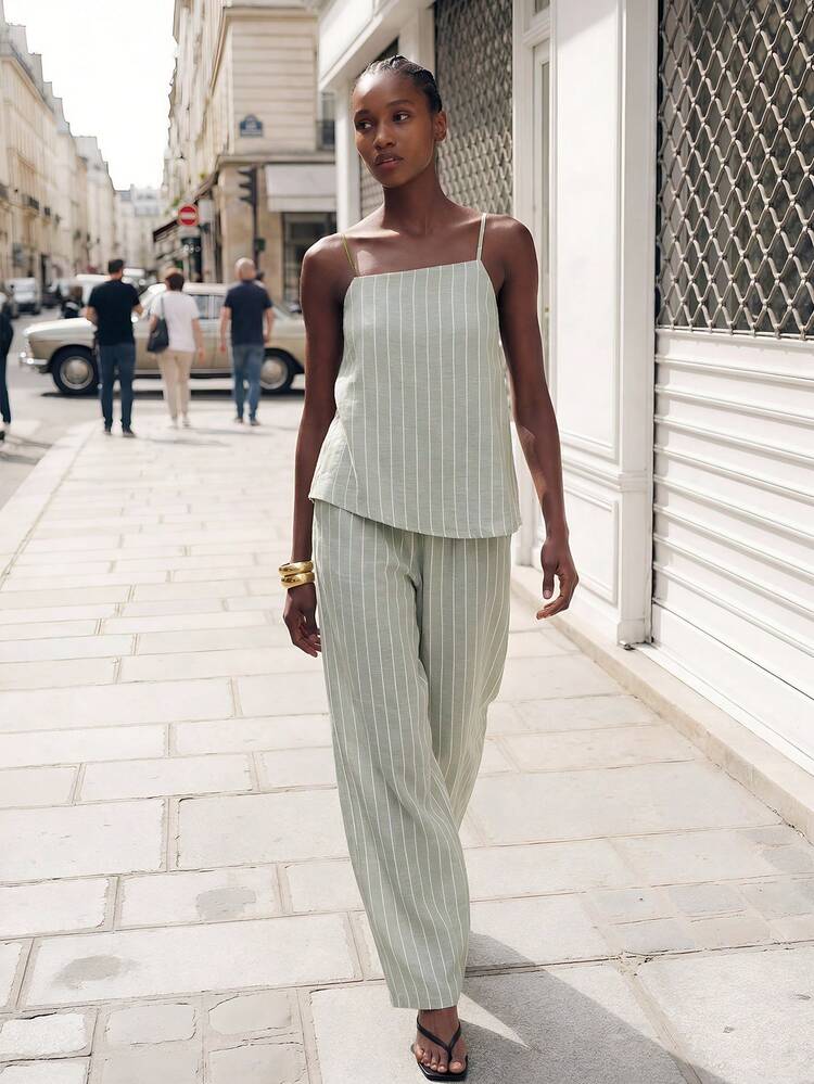 SHEIN Maija Women's Casual Striped Camisole And Pants 2 Pieces Set, Summer,Summer Clothes, Beach Outfit ,Summer Holiday Outfits,Vacation Outfits For Women Women Vacation Outfit Sets Women's Summer Outfits Women's Summer 2 Pieces Sets Casual Outfit For Women Coords Women's Summer Co Ord
