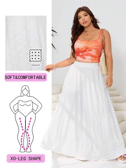 Solflare 春夏新款休闲百搭半身裙，适合日常穿着、派对、通勤、婚礼、音乐节、返校、度假、街头风、休闲外出、城市漫步等多种场合，可单穿或叠穿，弹性腰带，纹理编织面料，A字廓形，白色，大码