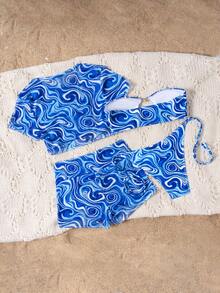 Swim SXY 4pcs Women's Blue And White Striped,Summer,Casual,Vacation,Holiday Wavy Print Metal Decor Bandeau Top,Triangle Bottoms,Mesh Skirt Bikinis Set - Blue - View 8