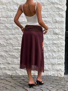 Aloruh 女士印花褶裥优雅通勤裙 - 棕色 - 查看 3