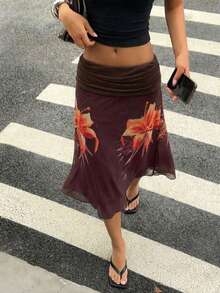 Aloruh 女士印花褶裥优雅通勤裙 - 棕色 - 查看 2