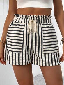 Breezaya Quần short voan kẻ sọc cỡ lớn, thích hợp mặc vào mùa xuân/hè, đi biển, mặc hàng ngày, quần short thoáng mát trong kỳ nghỉ. - Nhiều màu - Xem 1
