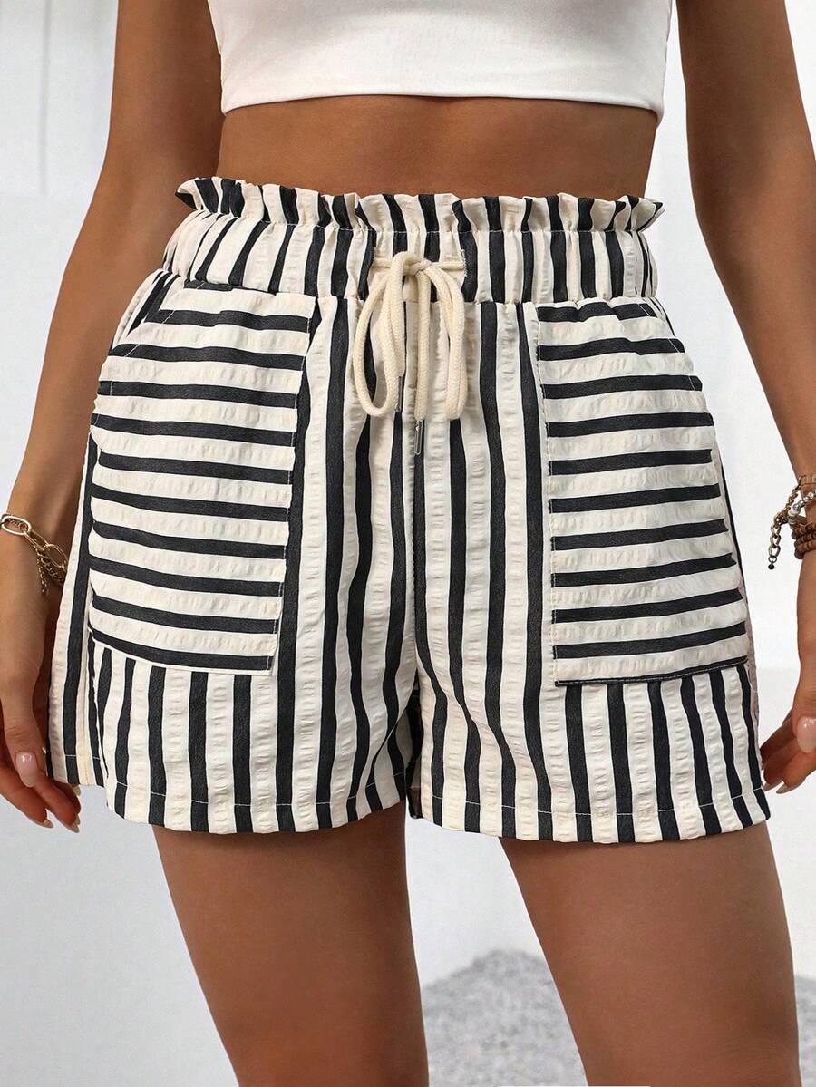 Breezaya Quần short voan kẻ sọc cỡ lớn, thích hợp mặc vào mùa xuân/hè, đi biển, mặc hàng ngày, quần short thoáng mát trong kỳ nghỉ. - Nhiều màu - Xem 1