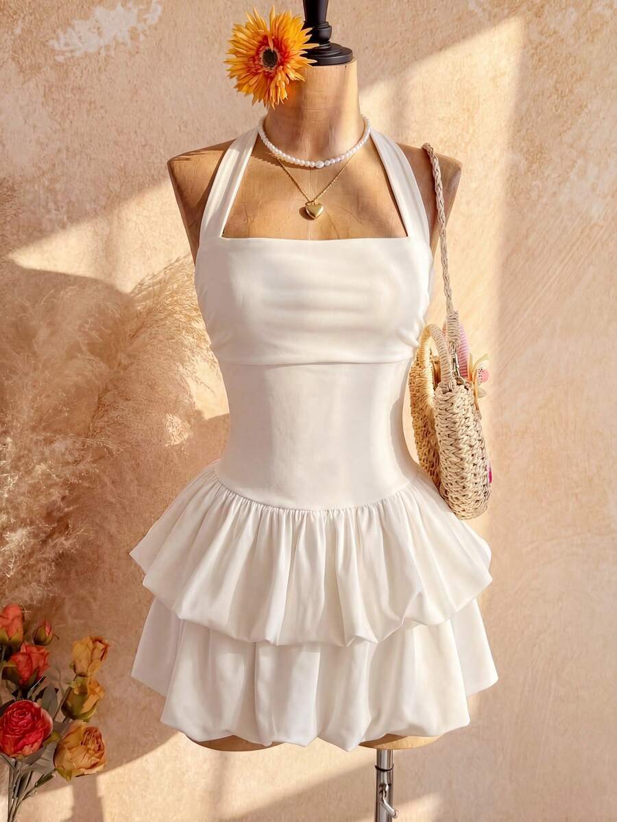 Flirla Women's Elegant Everyday Versatile Commute Casual White Short Dress With Layered Ruffle Hem, Halter Neck Tie Bow - White - View 1