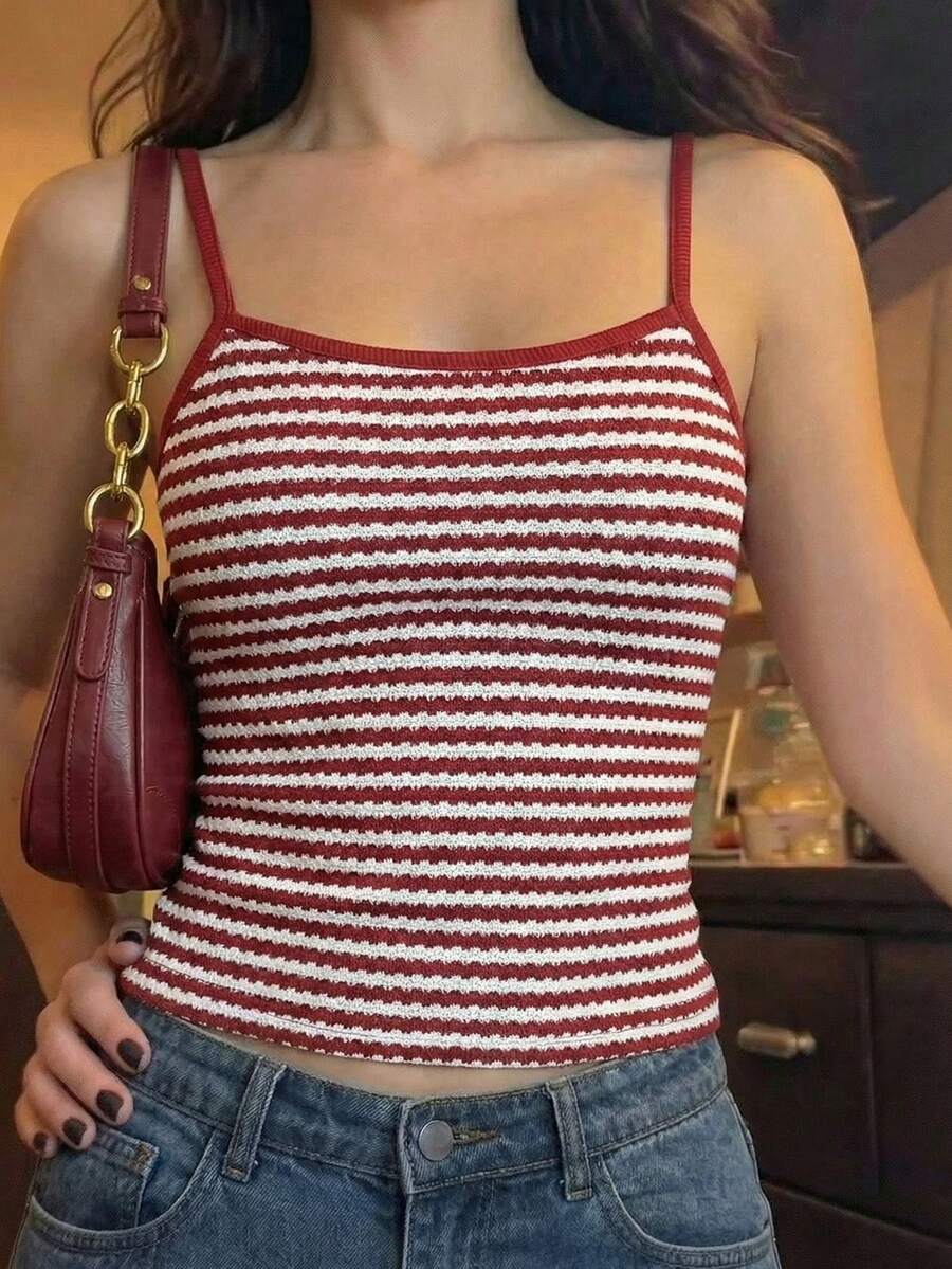 SHEIN Tween-Mädchen Sommer Lässig Strick Jacquard gestreiftes Kontrast Farbiges Trägerhemd - Bordeaux - Übersicht 1