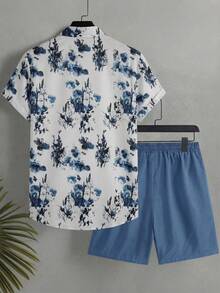 Manfinity Swimmode Plus Size Men Floral Print Shirt And Shorts Beach Outfit Set Men S Vacation Outfits Beach Outfit For Men Plus Size Resort Wear Men Holiday / Vacation / Beach / Hawaii / Tropical / Swim /  Bathing - Multicolor - View 3