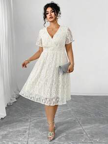 SHEIN Clasi CURVE Plus Size V-Neck Short Sleeve Rabbit Ear Floral Lace Elegant Women Dress - White - View 8
