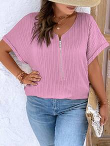 EMERY ROSE Plus Size V-Neck Zipper Decor Textured Fabric Short Sleeve Casual Shirt - Dusty Pink - View 5