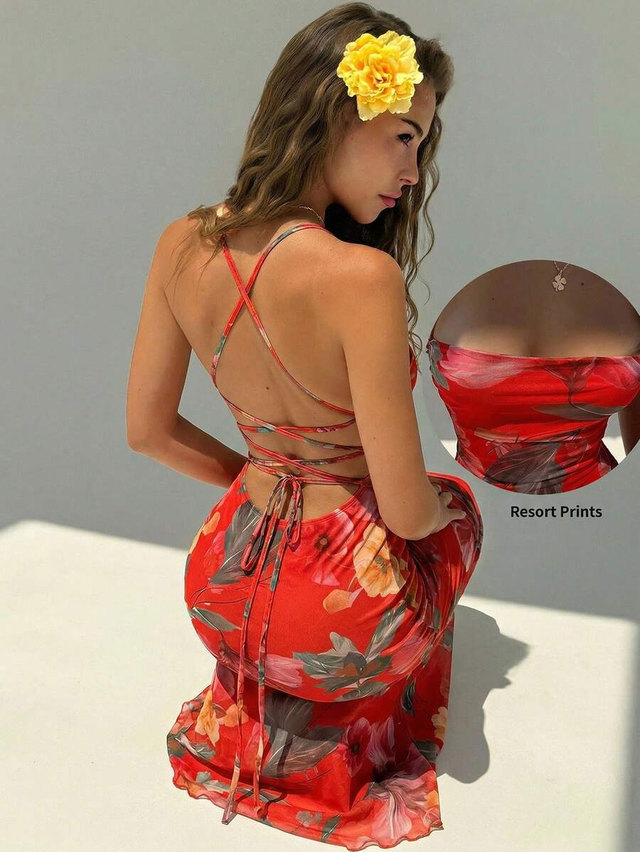 Aloruh 女士度假风印花鱼尾下摆修身连衣裙 - 紅色 - 查看 1