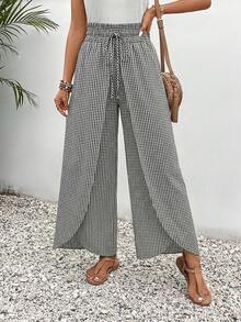 SHEIN Frenchy Quần ống rộng dáng suông, cạp chun, vạt chéo, họa tiết in toàn thân, thắt nút. - Đen và trắng - Xem 1