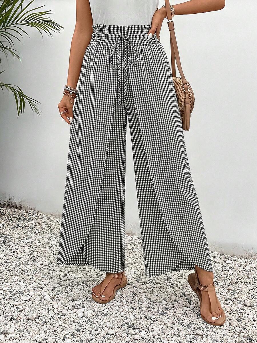 SHEIN Frenchy Quần ống rộng dáng suông, cạp chun, vạt chéo, họa tiết in toàn thân, thắt nút. - Đen và trắng - Xem 1