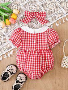 SHEIN Vintaside Kids Baby Girl Plaid Strawberry Pattern Bow Decor Casual Daily Wear Puff Sleeve Romper - Red and White - View 2