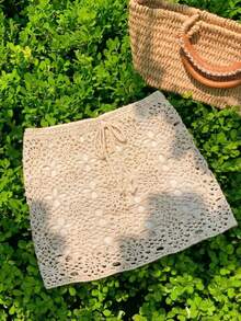 Comfortcana Plus Size Women Floral Crochet Waist Tie Casual Mini Knit Skirt, Spring/Summer In Fall/Winter Crochet Skirt - Beige - View 2