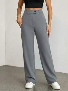 SHEIN Tall Quần nữ dáng suông rộng, màu trơn, khóa kéo, kiểu dáng tối giản, thích hợp mặc hàng ngày. - Màu Xám nhạt - Xem 4