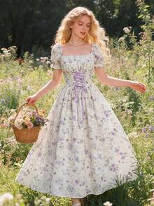 Glamine 浪漫粉色花卉拼接荷叶边领口花瓣袖系带腰身优雅度假长裙 - 紫色 - 查看 9