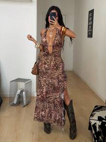 Coolane Women's Summer Hippie Vacation Outfits Backless Ruffle All-Over Leopard Print Hollow Out Backless Sexy Sleeveless Bodysuit Long Dress - Multicolor - View 1