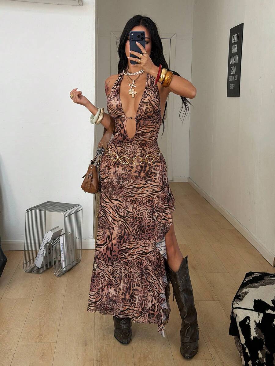 Coolane Women's Summer Hippie Vacation Outfits Backless Ruffle All-Over Leopard Print Hollow Out Backless Sexy Sleeveless Bodysuit Long Dress - Multicolor - View 1