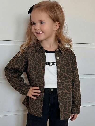 Dazy Kids Tween Girls' Leopard Print Denim Lapel Long Sleeve Jacket And Coat, Autumn/Winter