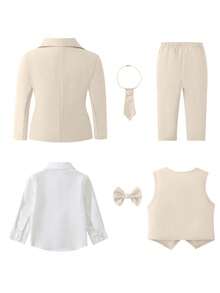 6 piezas Conjunto de traje formal para niño, que incluye camisa de manga larga blanca clara, corbata negra y pajarita, chaleco a juego, chaqueta y pantalones. La camisa blanca clara se ve particularmente elegante en el traje todo negro, lo que hace que todo el conjunto se vea ordenado y elegante, adecuado para eventos festivos, ocasiones formales, bodas, invitados de bodas, portadores de anillos, padrinos de boda, temporada de regreso a clases - Albaricoque - Ver 2